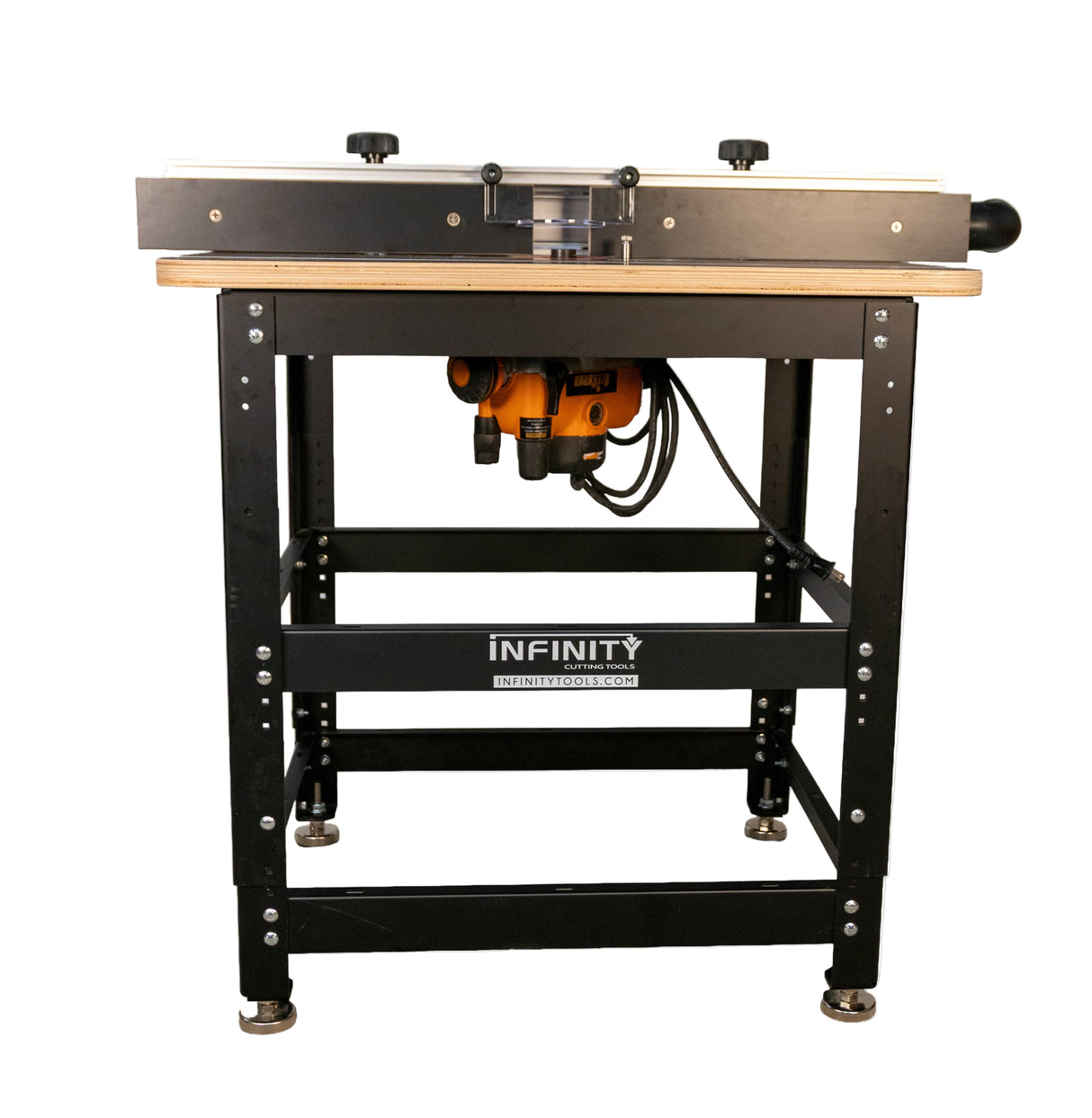 Router table package with adjustable fence and mounted router for woodworking