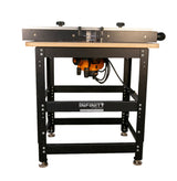 Router table package with adjustable fence and mounted router for woodworking