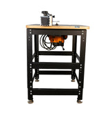 Heavy-duty router table package with steel frame and mounted woodworking router