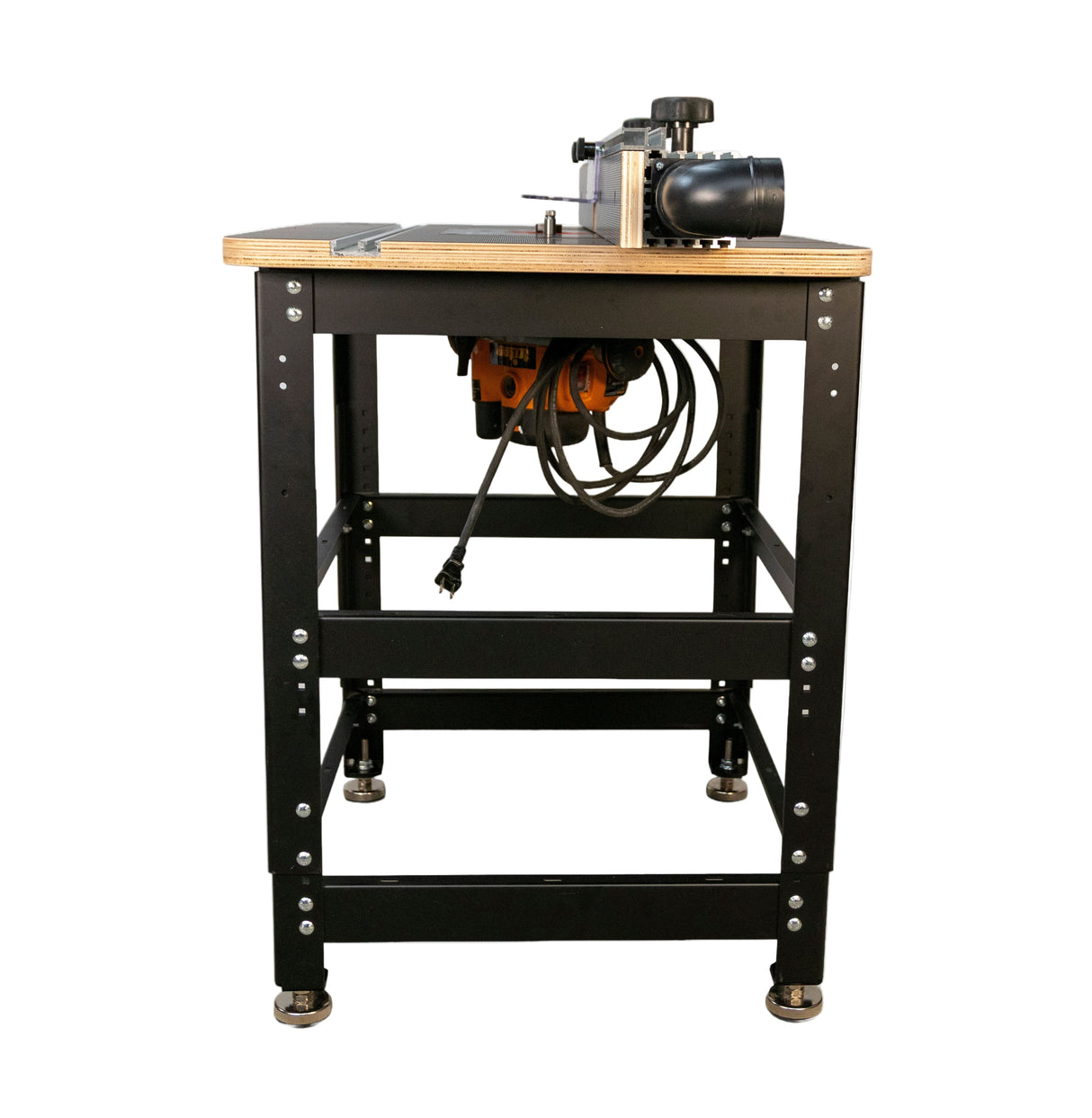 Sturdy woodworking router table with metal frame, plywood top, and attached power tool.