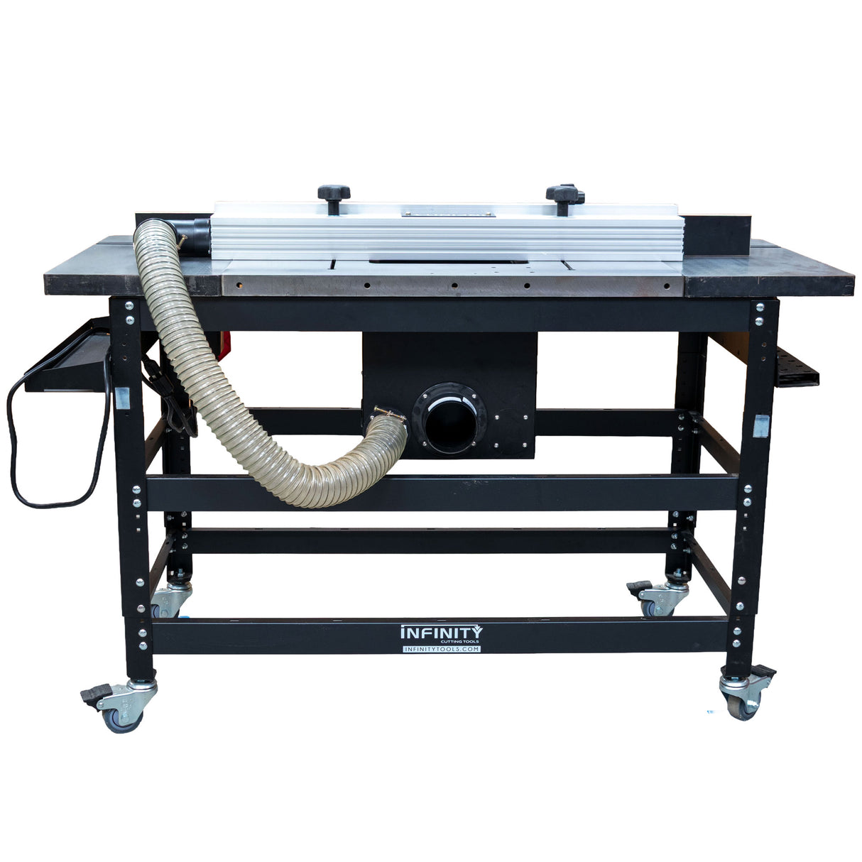 Infinity Tools 1776 Freedom Class router table with dust port and hose, back view, on a white background