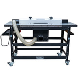 Infinity Tools 1776 Freedom Class router table with dust port and hose, back view, on a white background