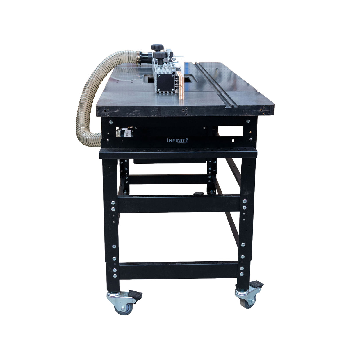 Infinity Tools 1776 Freedom Class router table with dust hose, left side view, on a white background