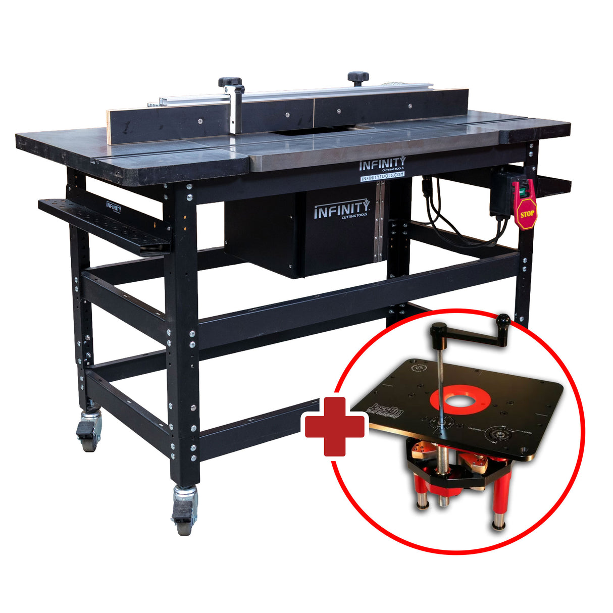 Infinity Tools 1776 Freedom Class router table with an inset close-up of the mounted router and lift