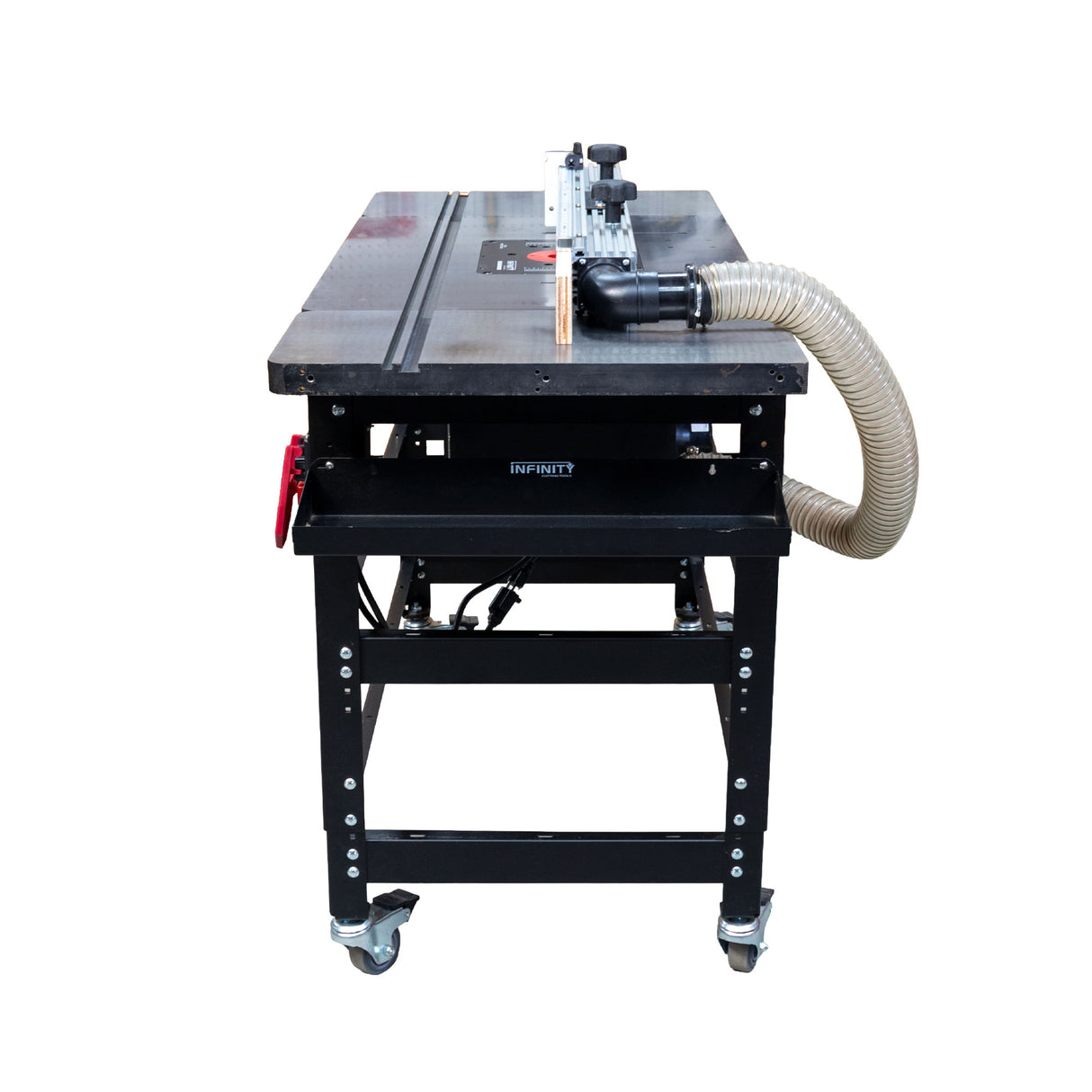 Infinity Tools 1776 Freedom Class router table with dust hose, right side view, on a white background