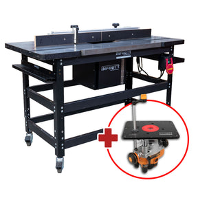 Infinity Tools 1776 Freedom Class router table with an inset close-up of the included router lift