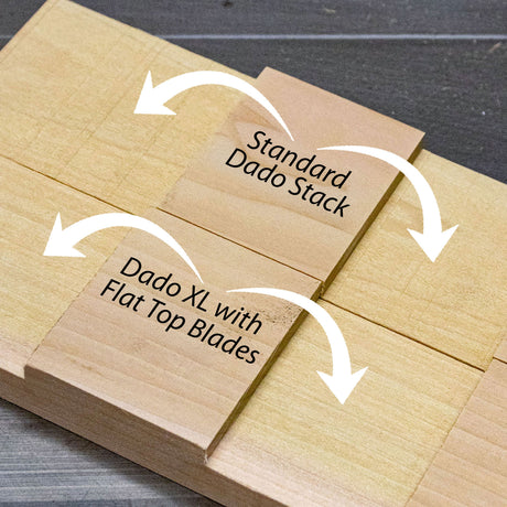 Two cuts of wood deomonstrating cuts from a standard dado stack and a dado stack with flat top blades.