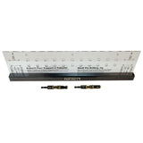 Clear shelf pin drilling jig with black base and two drill bits on white background