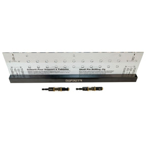 Clear shelf pin drilling jig with black base and two drill bits on white background