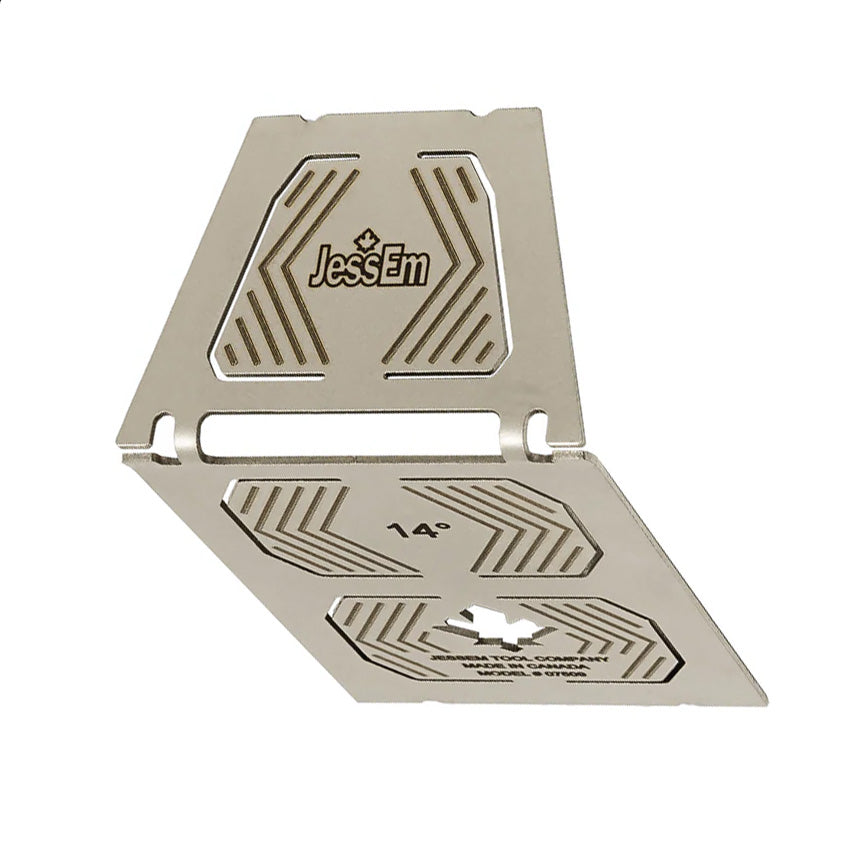 Metal woodworking jig with JessEm logo and 14-degree marking, used for precise cutting angles.