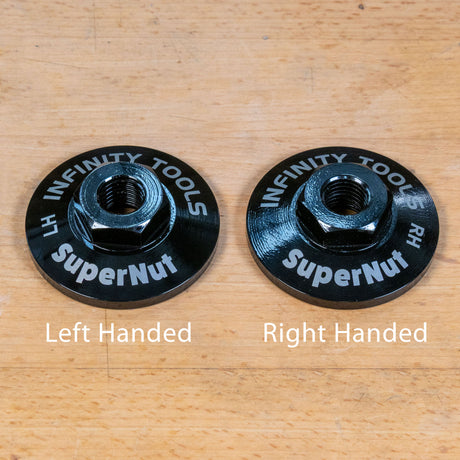 Two black circular metal tool pieces labeled 'INFINITY TOOLS SuperNut' with white text indicating handedness, shown on a light wood surface. The left piece is labeled 'Left Handed' and the right piece 'Right Handed'.