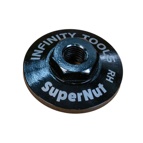 A black metal hex nut with a threaded hole in the center, featuring white printed text that reads 'INFINITY TOOLS' and 'SuperNut RH' on a plain white background.