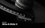 Close-up of Mite-R-Slide II woodworking miter gauge with angle scale and adjustment knob.