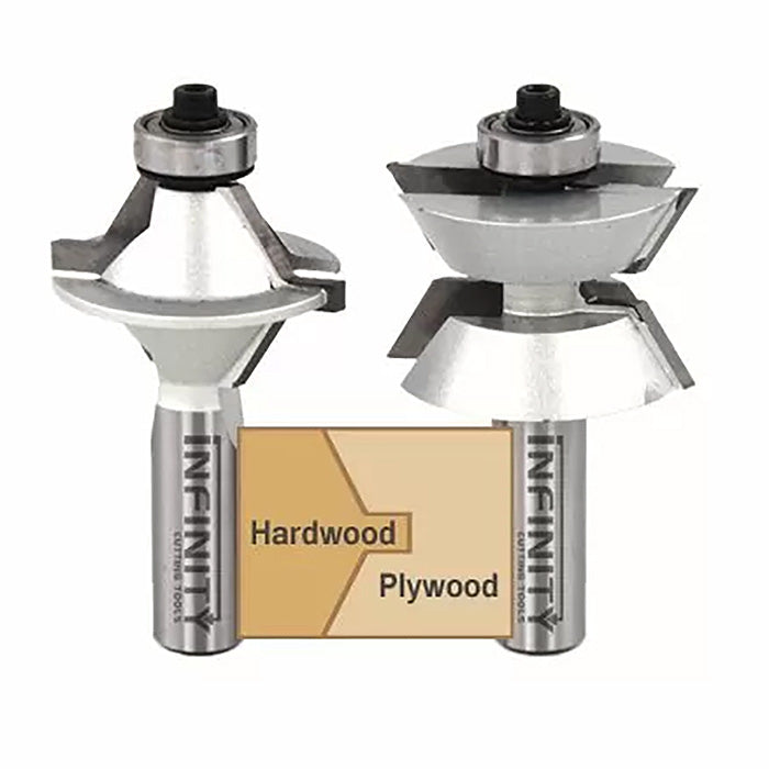 Set of two router bits for joinery, shown with sample hardwood and plywood joint cut