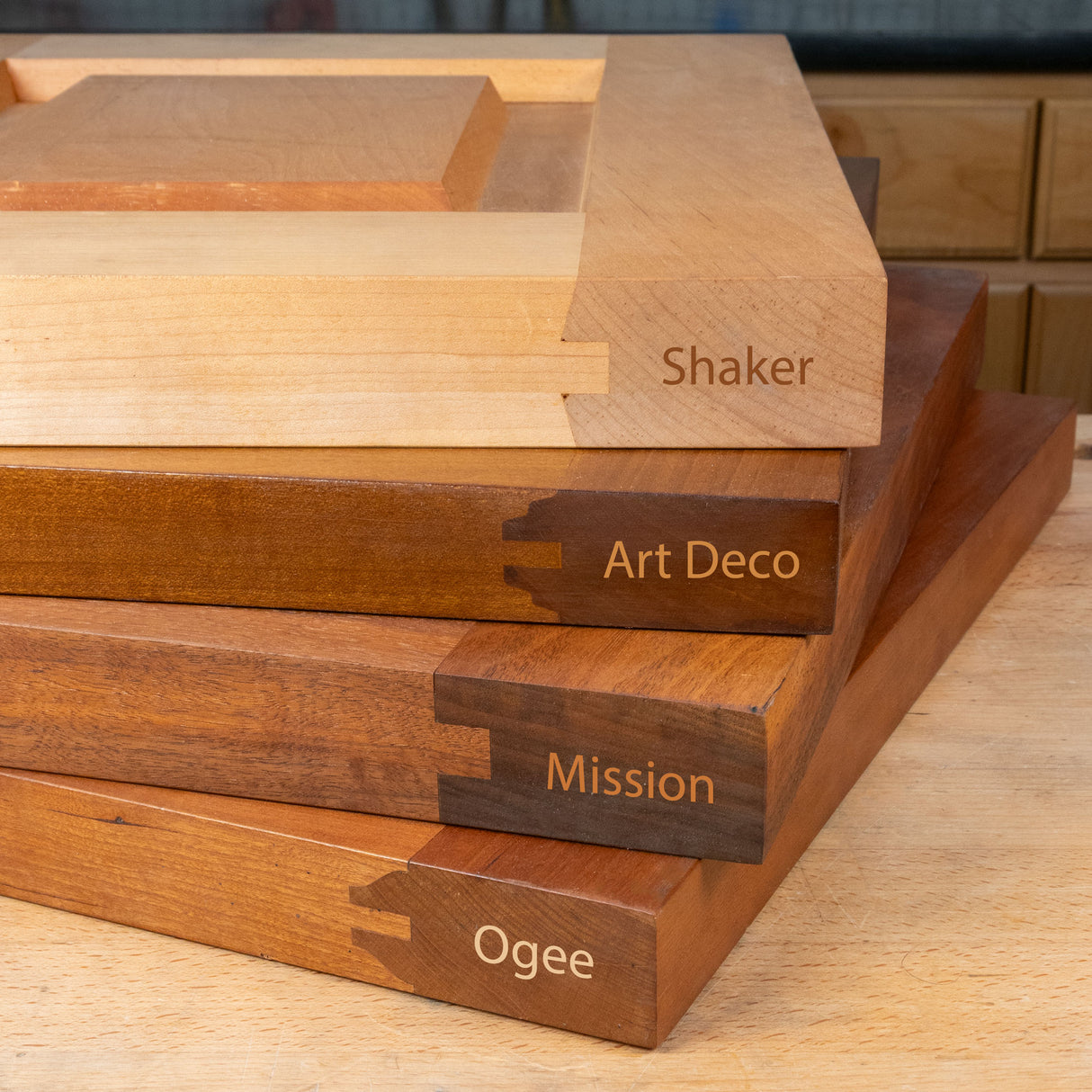 Stack of four woodworking profiles labeled Shaker, Art Deco, Mission, and Ogee styles