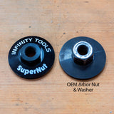 Side-by-side comparison of SuperNut and OEM arbor nut with washer for woodworking tools on a workbench.