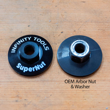 Side-by-side comparison of SuperNut and OEM arbor nut with washer for woodworking tools on a workbench.