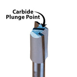 Carbide plunge point straight router bit for woodworking, close-up on cutting edge.