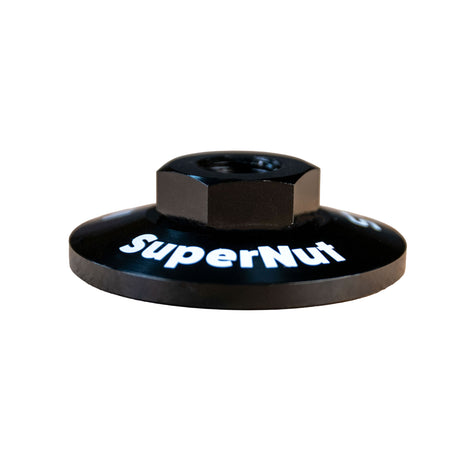 Black SuperNut flange nut for woodworking router tables, side view on white background