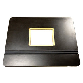 Black router table top with mounting plate for woodworking, isolated on white background