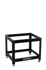 Adjustable metal tool stand for woodworking, shown with expanding workspace and shelves.