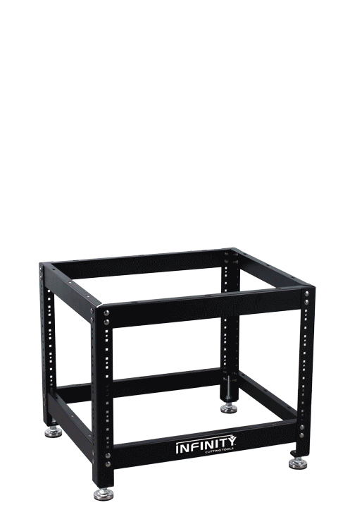 Animated assembly of a black adjustable steel tool stand with leveling feet.