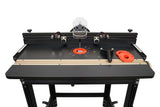 Close-up of a professional woodworking router table package with fence, inserts, and accessories.