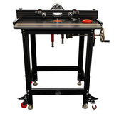Heavy-duty router table package with adjustable fence, crank handle, and sturdy metal frame