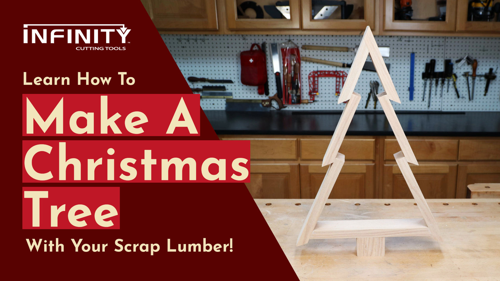 Wooden Christmas tree project made from scrap lumber on a workbench in a woodworking shop.