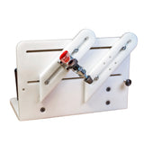 White woodworking sharpening jig with adjustable guides and red-handled clamp for precision grinding.