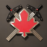 Metal maple leaf wall decor with intersecting precision woodworking squares