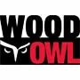 Wood Owl logo with bold black and red text and stylized owl eyes graphic