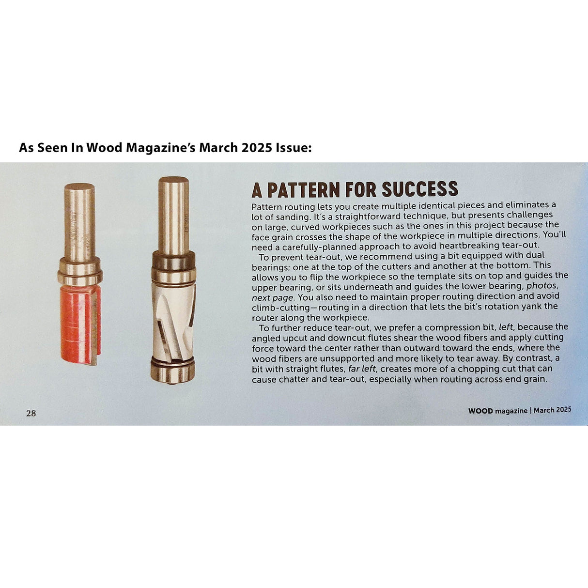 Woodworking router bits and a printed review on routing techniques from Wood Magazine March 2025 issue.