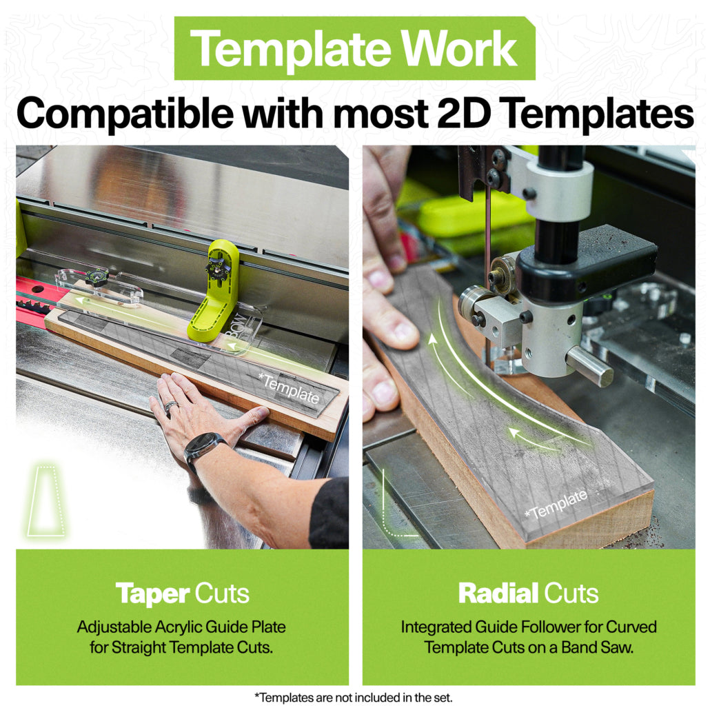 Woodworker using guide plates for taper and radial cuts on table saw and band saw with templates.