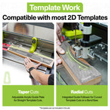 Woodworker using guide plates for taper and radial cuts on table saw and band saw with templates.
