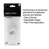 ZZIPS 2-pack wound closure kit packaging with hand illustration and product benefits listed.