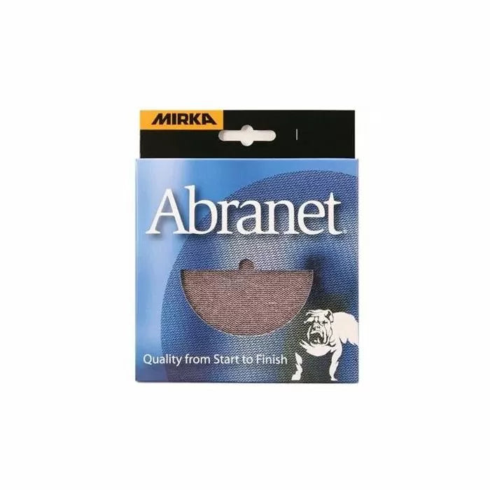 Abranet sanding discs packaging with visible mesh disc and bulldog illustration
