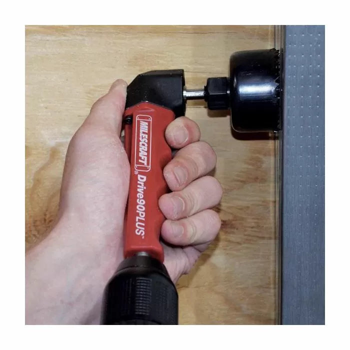 Right angle drill attachment with red handle used for drilling in tight woodworking space