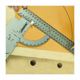 Metal woodworking protractor and ruler marking angles on wood in a workshop setting