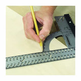 Hand using woodworking protractor and ruler to mark precise angles on wood