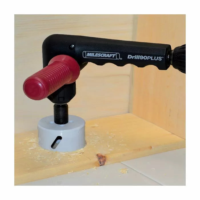 Right angle drill attachment with hole saw drilling into wood, woodworking tool accessory