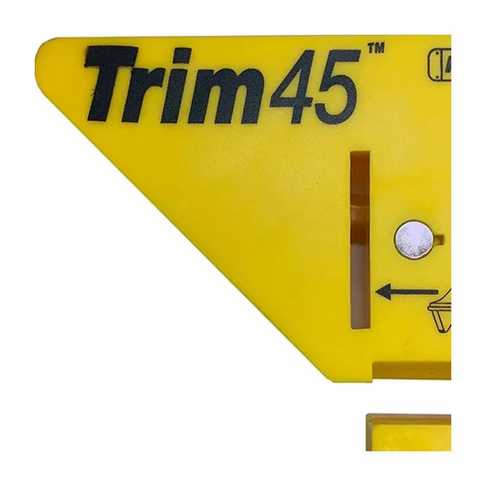 Yellow Trim45 woodworking angle tool with black text and measurement slot