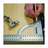Marking measurements on wood using a precision square and pencil with a hinge nearby.