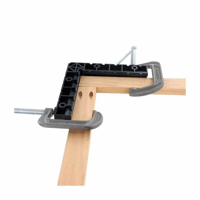 Woodworking right angle clamp and corner jig securing two boards for precise joints