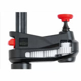 Close-up of a heavy-duty woodworking clamp with red adjustment knobs and steel bar