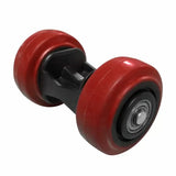 Red woodworking featherboard replacement roller with ball bearings and black axle