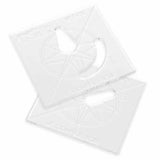 Clear plastic woodworking router templates with geometric cutouts on white background