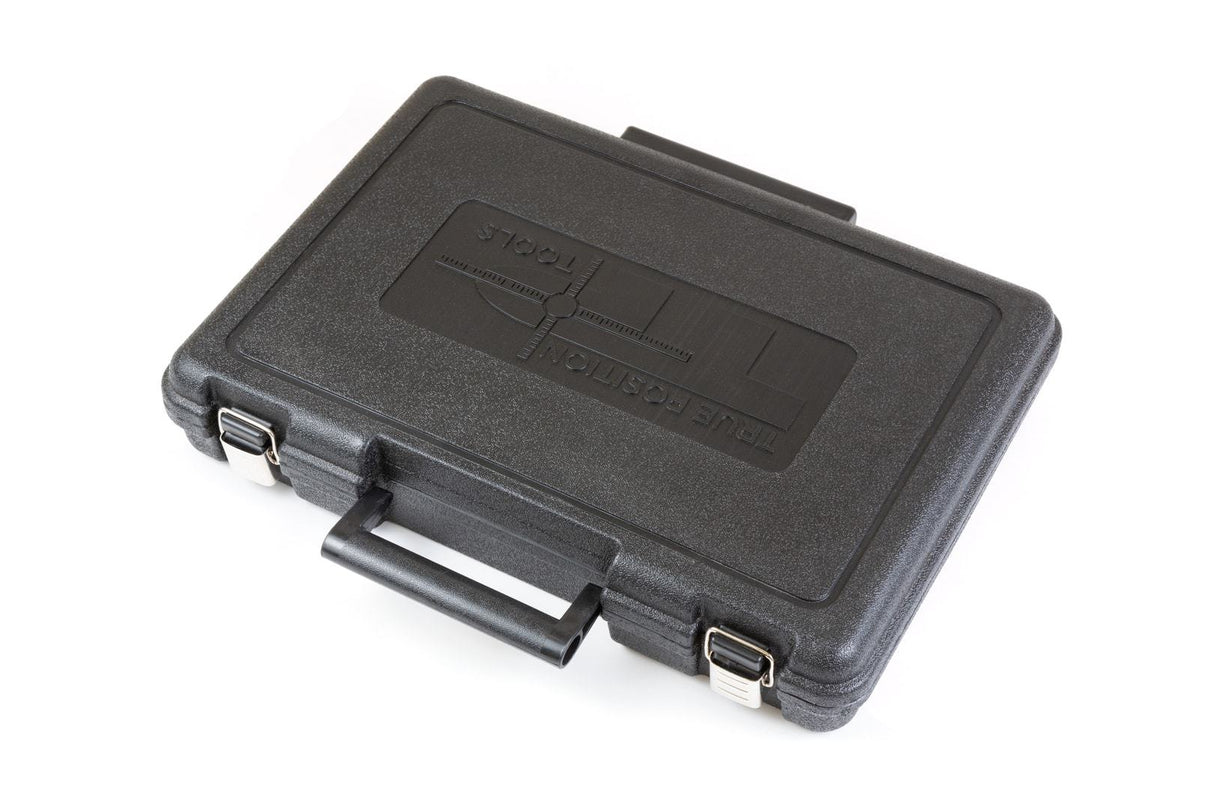 Black hard plastic tool case with metal latches and handle for woodworking tools storage