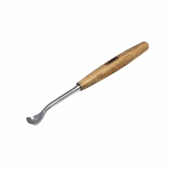 Curved wood carving chisel with wooden handle for detailed woodworking projects