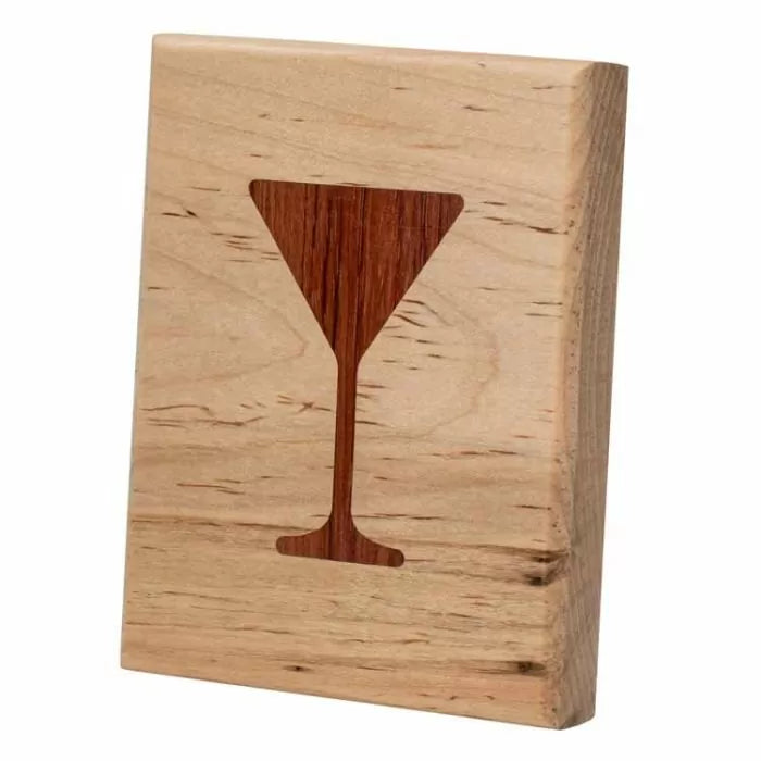 Wood block with inlaid martini glass design, ideal for woodworking projects or decor.